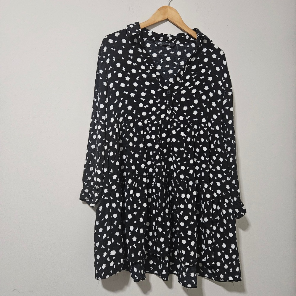 Zara Womens XL Black White Floral Tiered Babydoll Mini Dress Long Sleeve Viscose